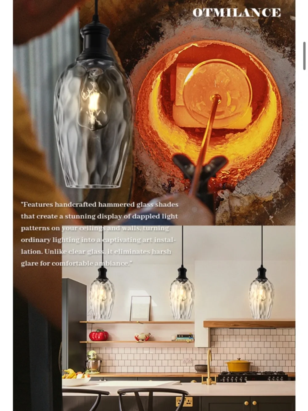 Modern Farmhouse Pendant Light Hammered Glass-BLACK (1-pack)